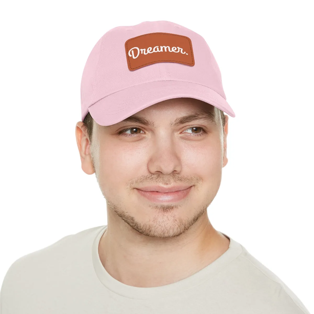 Dreamer. White Lettering. Dad Hat with Leather Patch