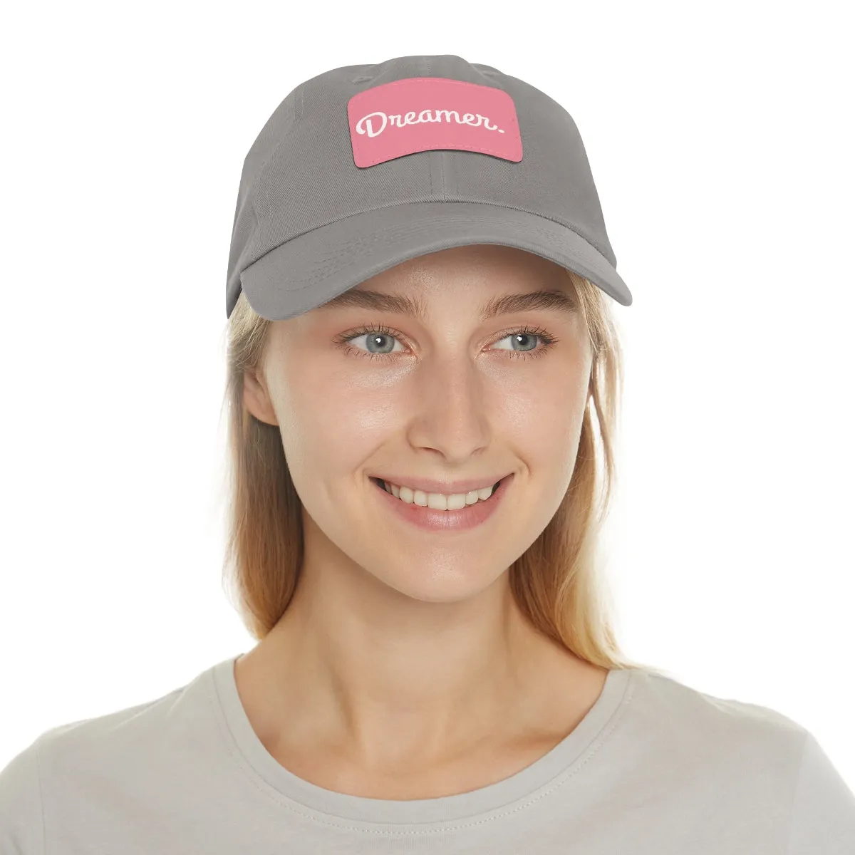 Dreamer. White Lettering. Dad Hat with Leather Patch