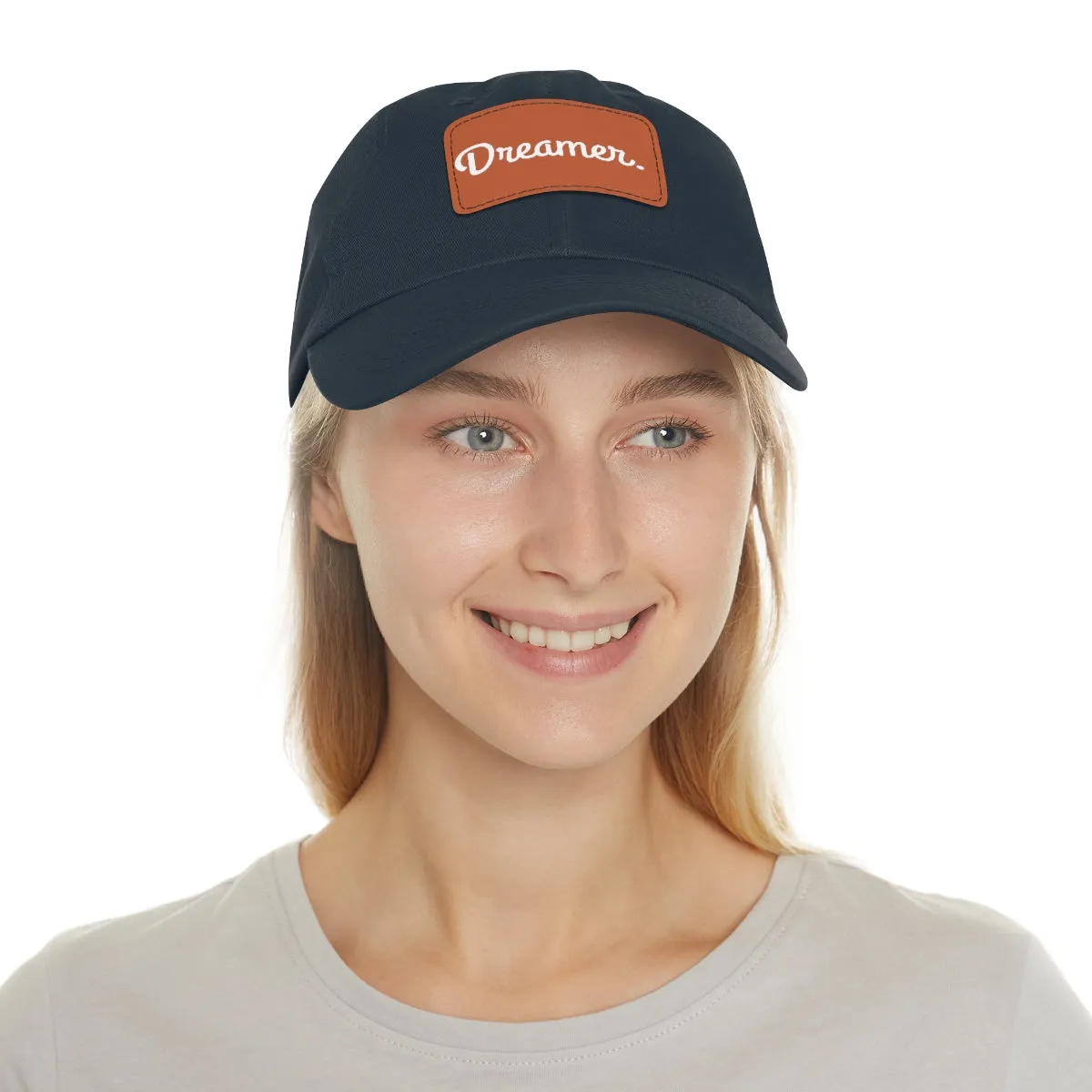 Dreamer. White Lettering. Dad Hat with Leather Patch