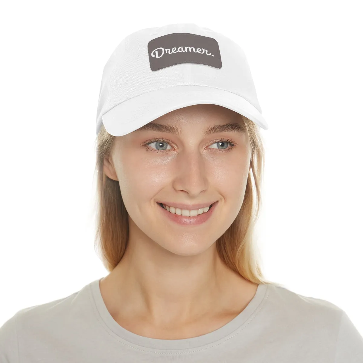 Dreamer. White Lettering. Dad Hat with Leather Patch