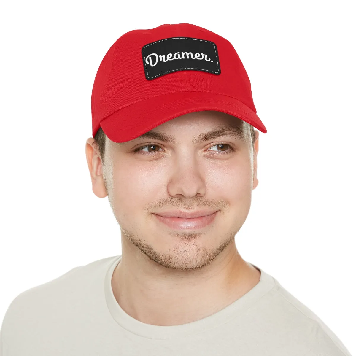 Dreamer. White Lettering. Dad Hat with Leather Patch