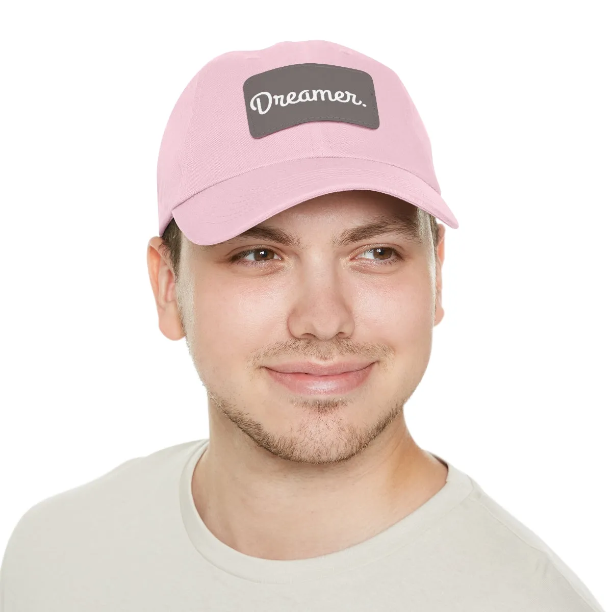 Dreamer. White Lettering. Dad Hat with Leather Patch