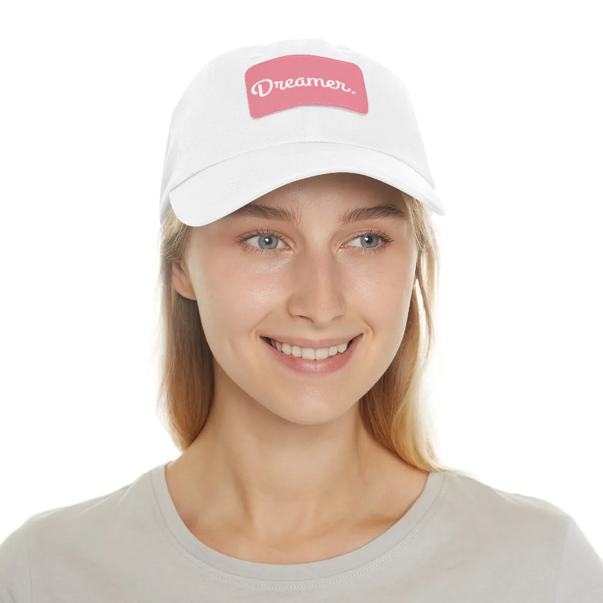 Dreamer. White Lettering. Dad Hat with Leather Patch