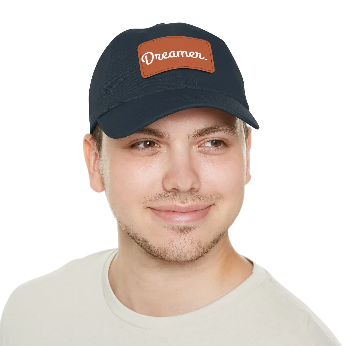 Dreamer. White Lettering. Dad Hat with Leather Patch