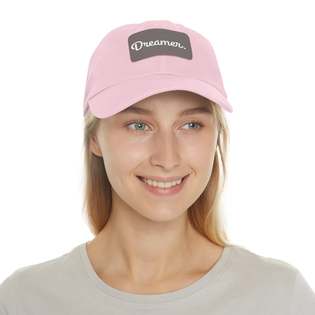 Dreamer. White Lettering. Dad Hat with Leather Patch