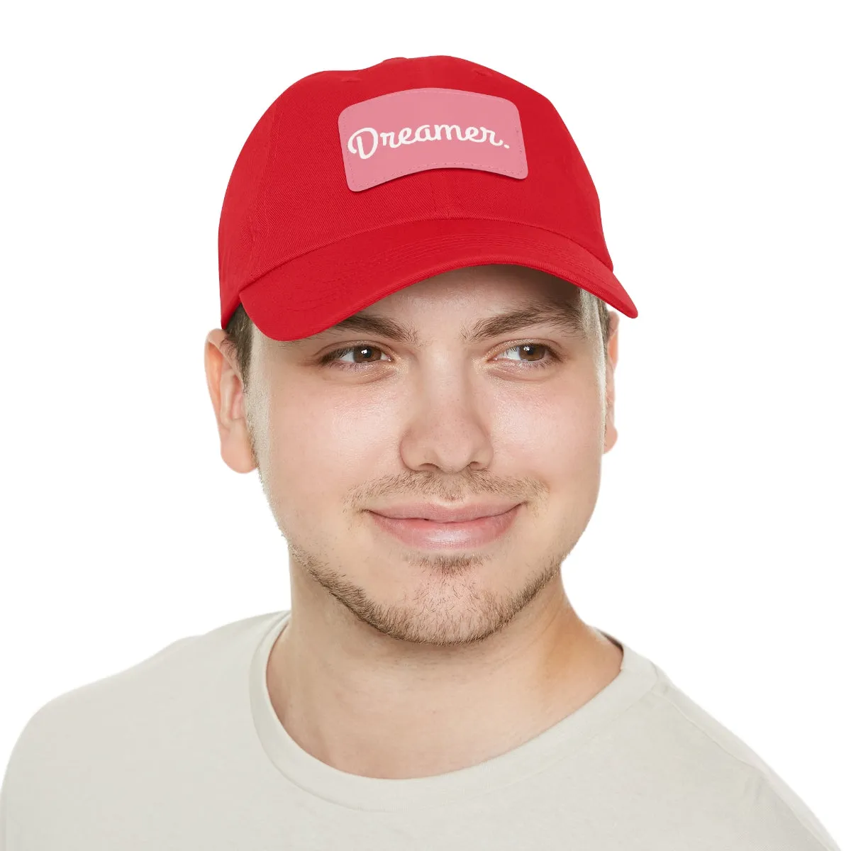 Dreamer. White Lettering. Dad Hat with Leather Patch