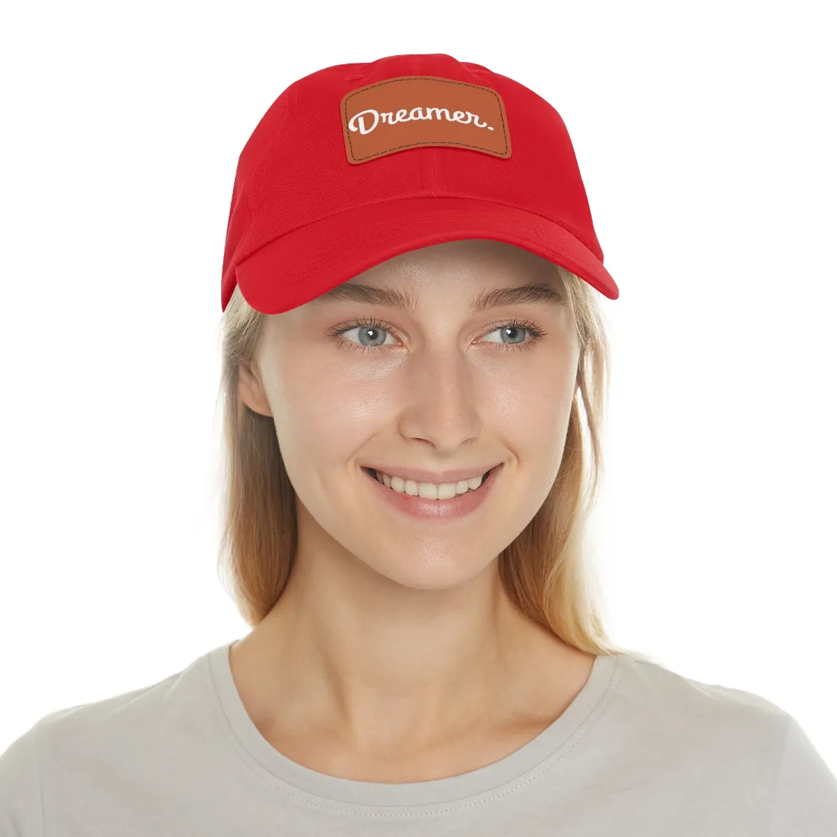 Dreamer. White Lettering. Dad Hat with Leather Patch