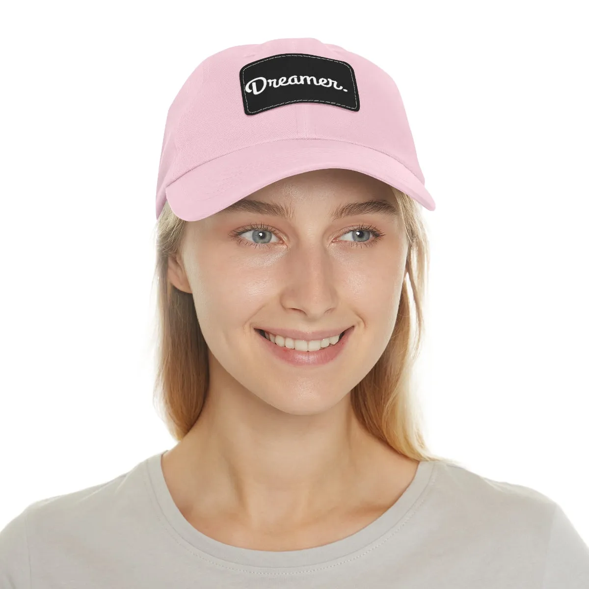 Dreamer. White Lettering. Dad Hat with Leather Patch
