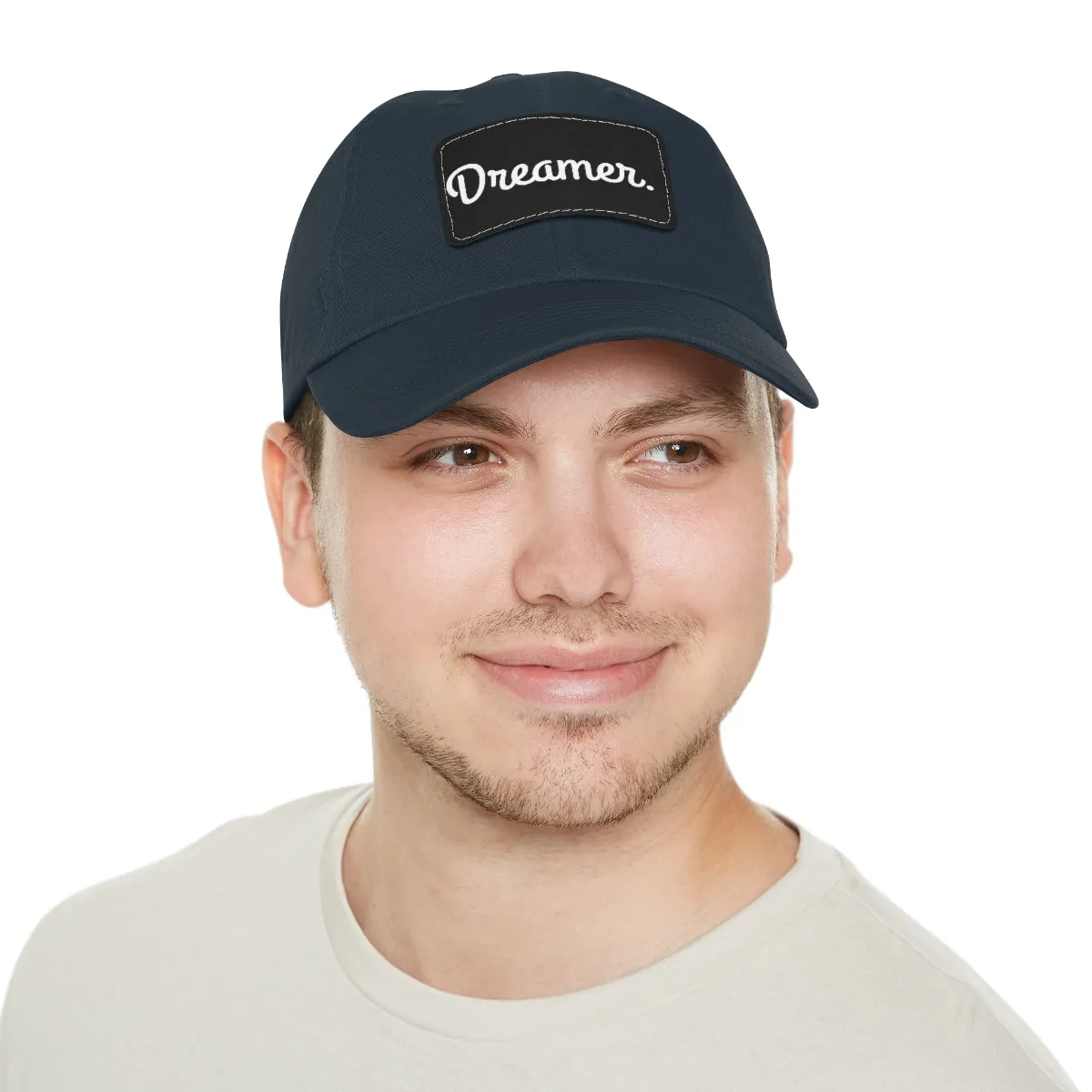 Dreamer. White Lettering. Dad Hat with Leather Patch