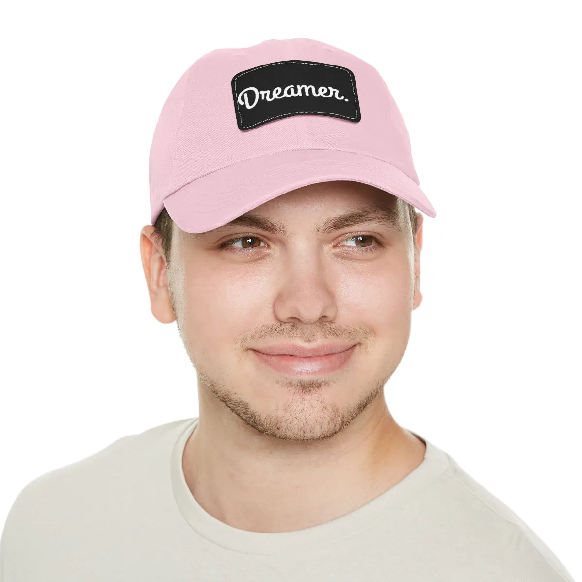 Dreamer. White Lettering. Dad Hat with Leather Patch