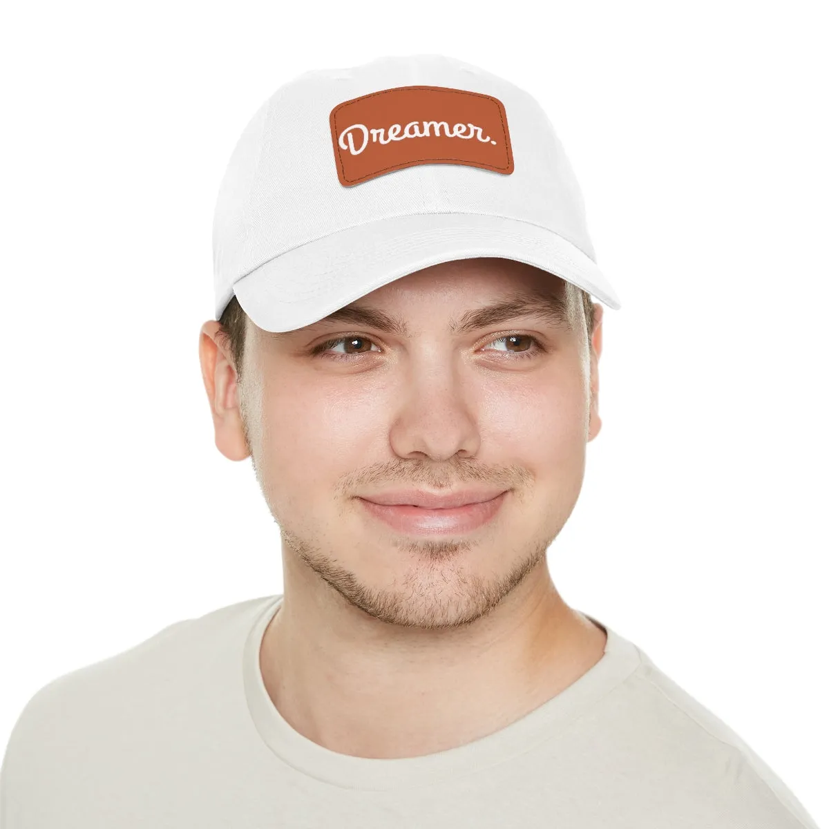 Dreamer. White Lettering. Dad Hat with Leather Patch