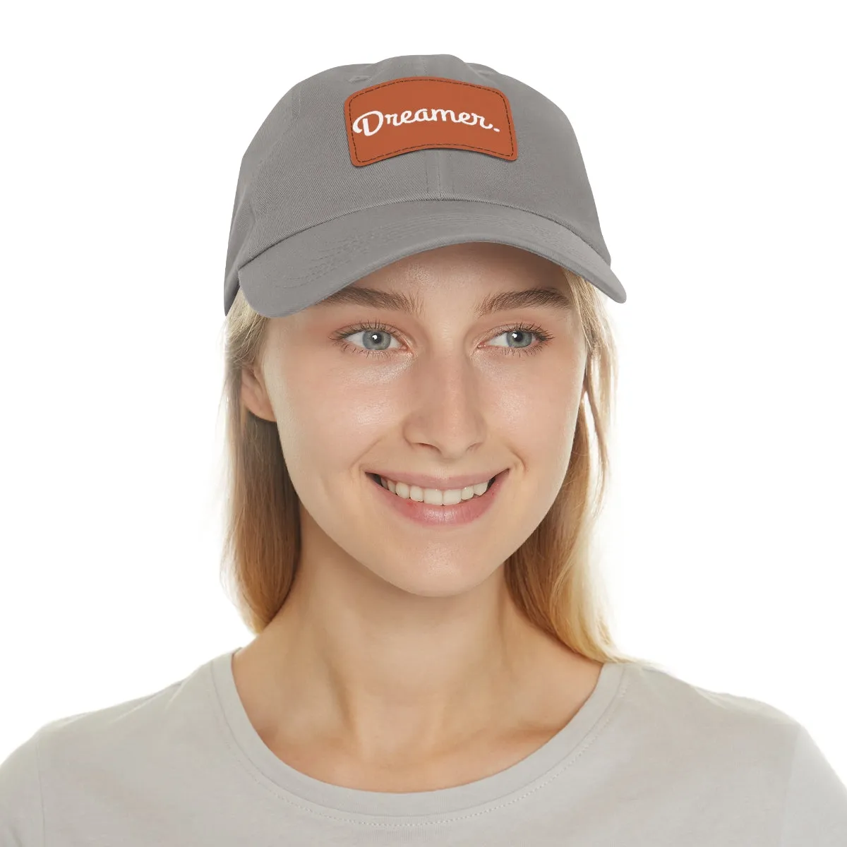 Dreamer. White Lettering. Dad Hat with Leather Patch