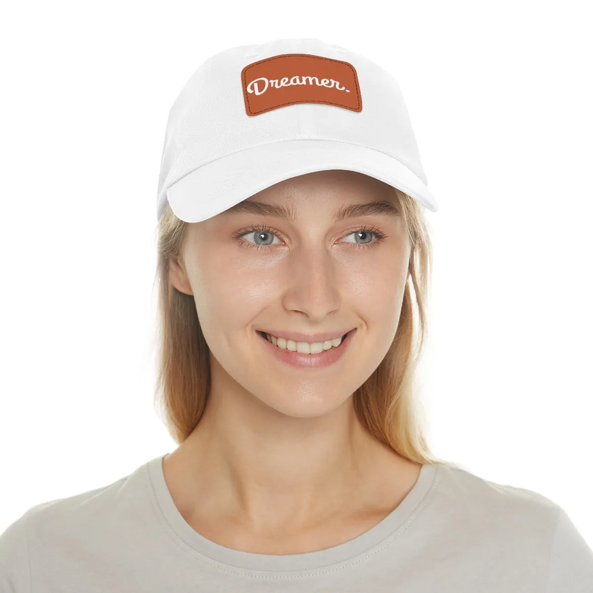 Dreamer. White Lettering. Dad Hat with Leather Patch