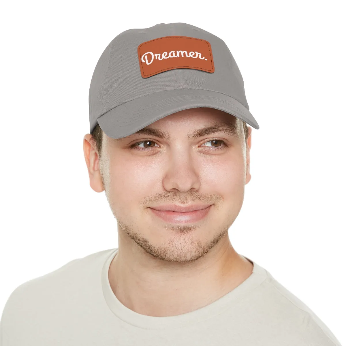 Dreamer. White Lettering. Dad Hat with Leather Patch