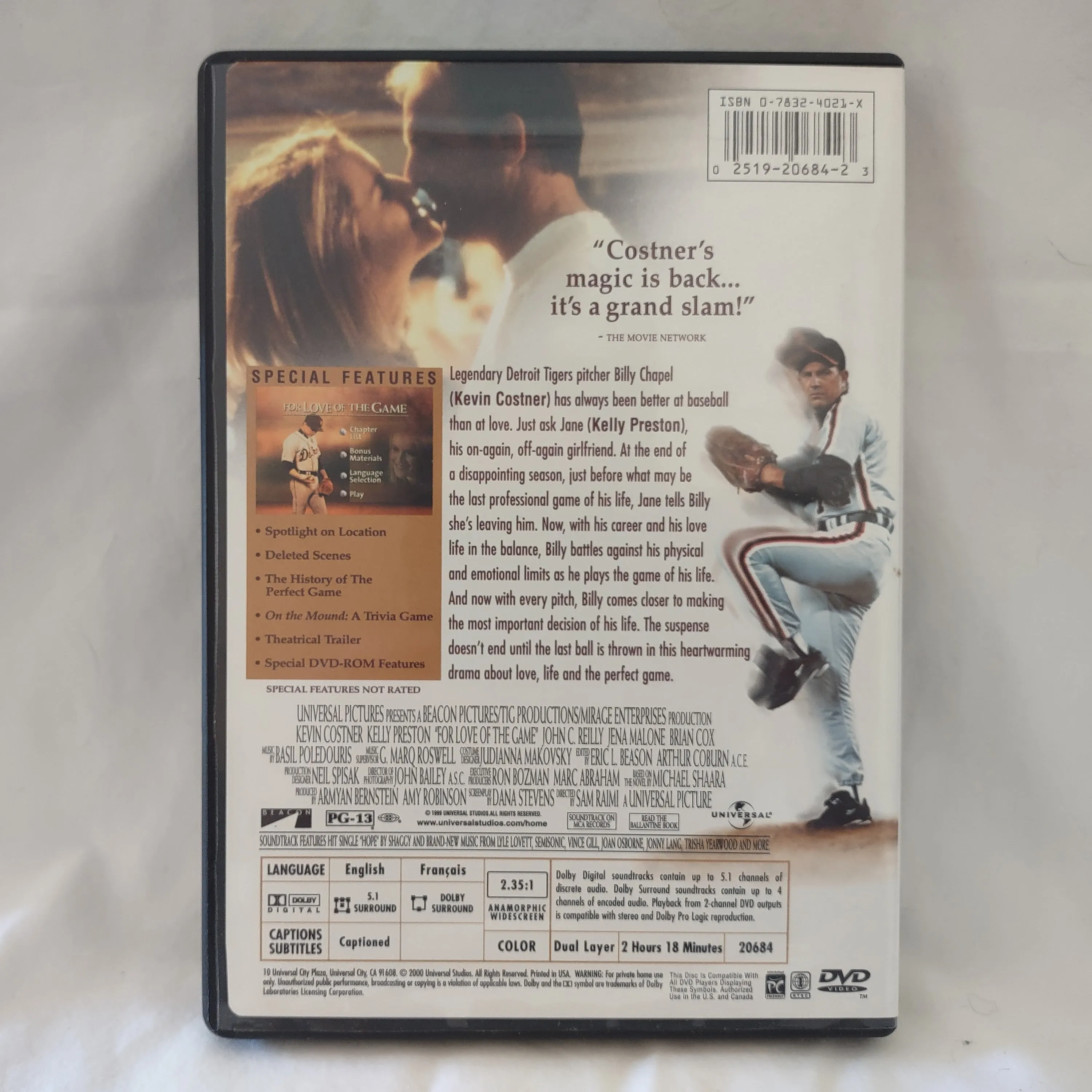 For Love of the Game DVD Kevin Costner, Kelly Preston