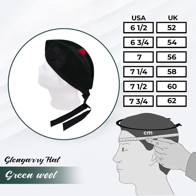 Glengarry Cap-Traditional Scottish Hat,100% Wool, Acrylic Wool Tartan,Kilts/Bagpipes Accessories,Polyester Cotton Ribbon
