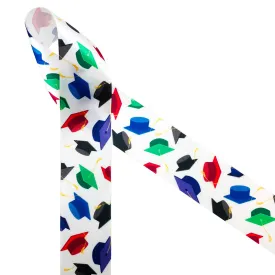 Graduation ribbon tossed caps colorful hats printed on 1.5" white satin