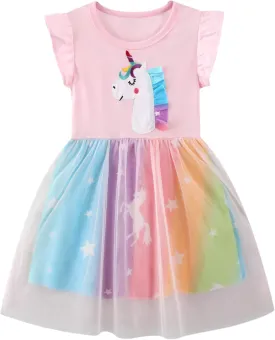 Hongshilian Toddler Girls Casual Cotton Dress Cartoon Appliques Short Sleeve Summer Playwear Dresses