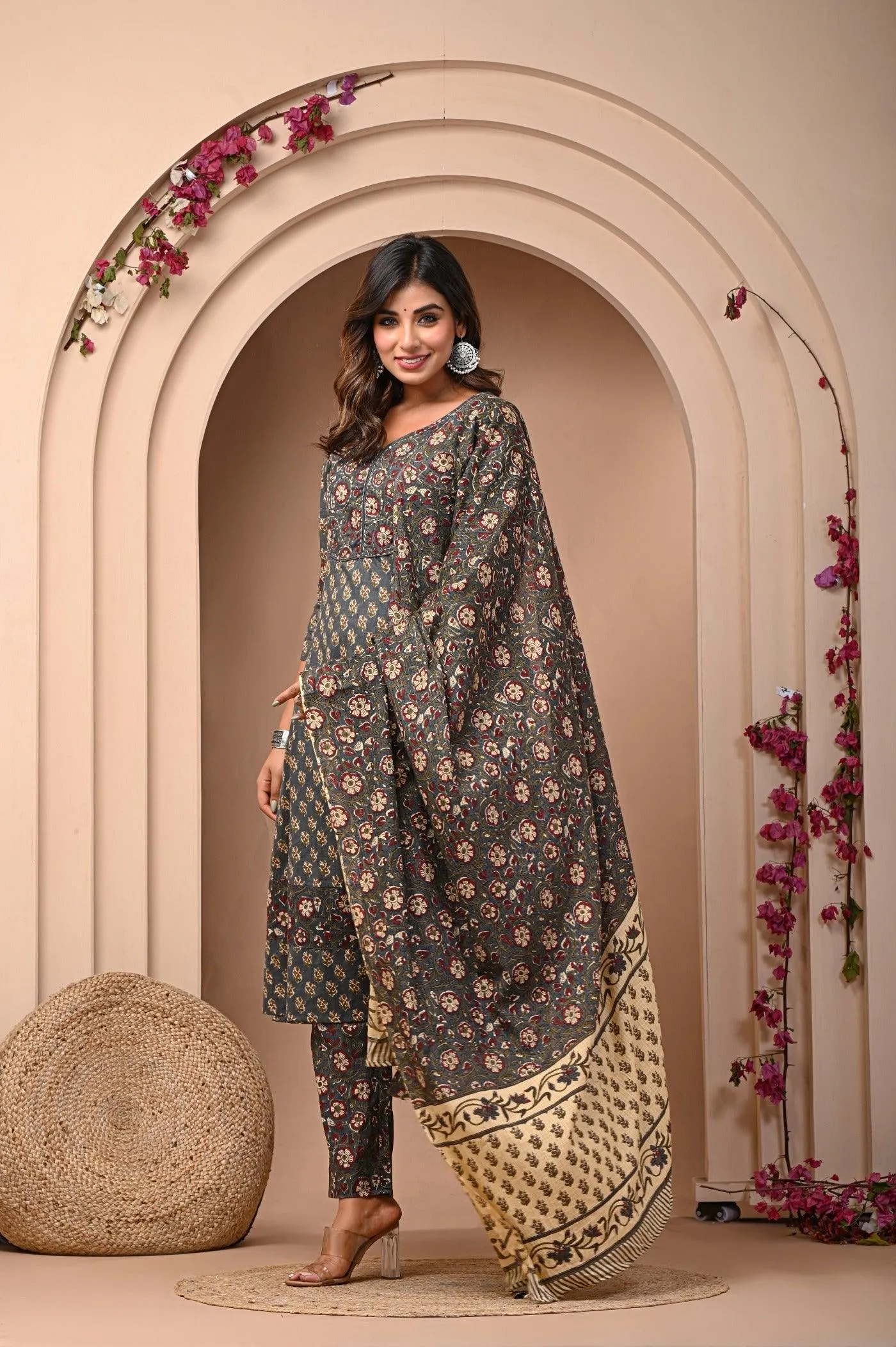 Jaipuri Print Anarkali Kurti Pant and Dupatta Set