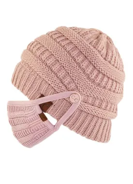 Knit Beanie with Button in Light Grey, Maroon, Navy or Rose