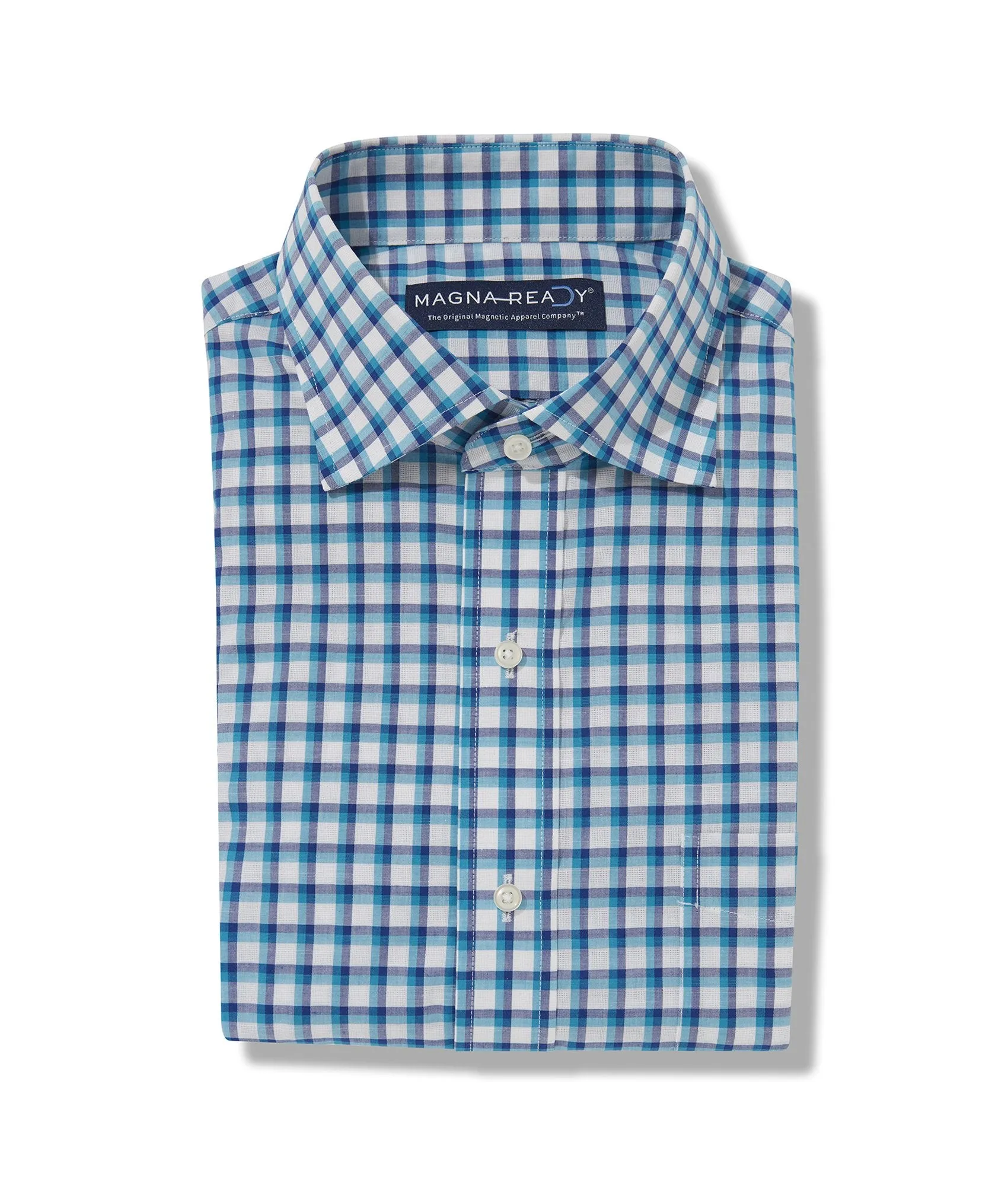 Long Sleeve Teal Multi Slub Grid Plaid Shirt with Magnetic Closures