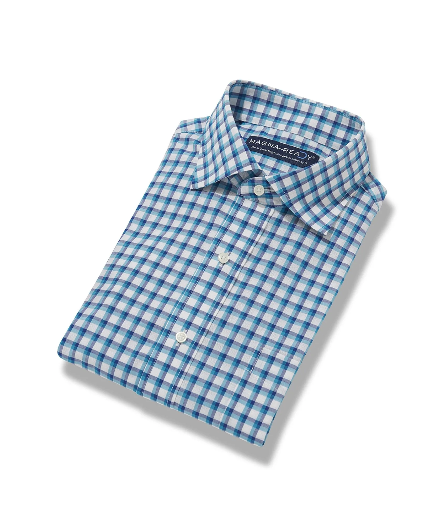 Long Sleeve Teal Multi Slub Grid Plaid Shirt with Magnetic Closures