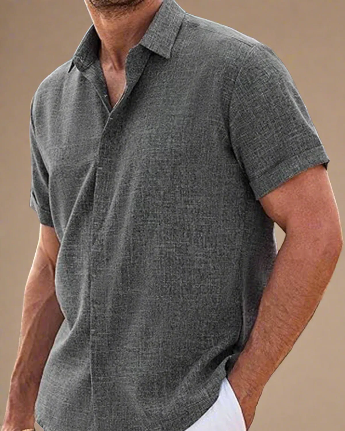 Men Grey Rayon and Linen Short Sleeve Shirt