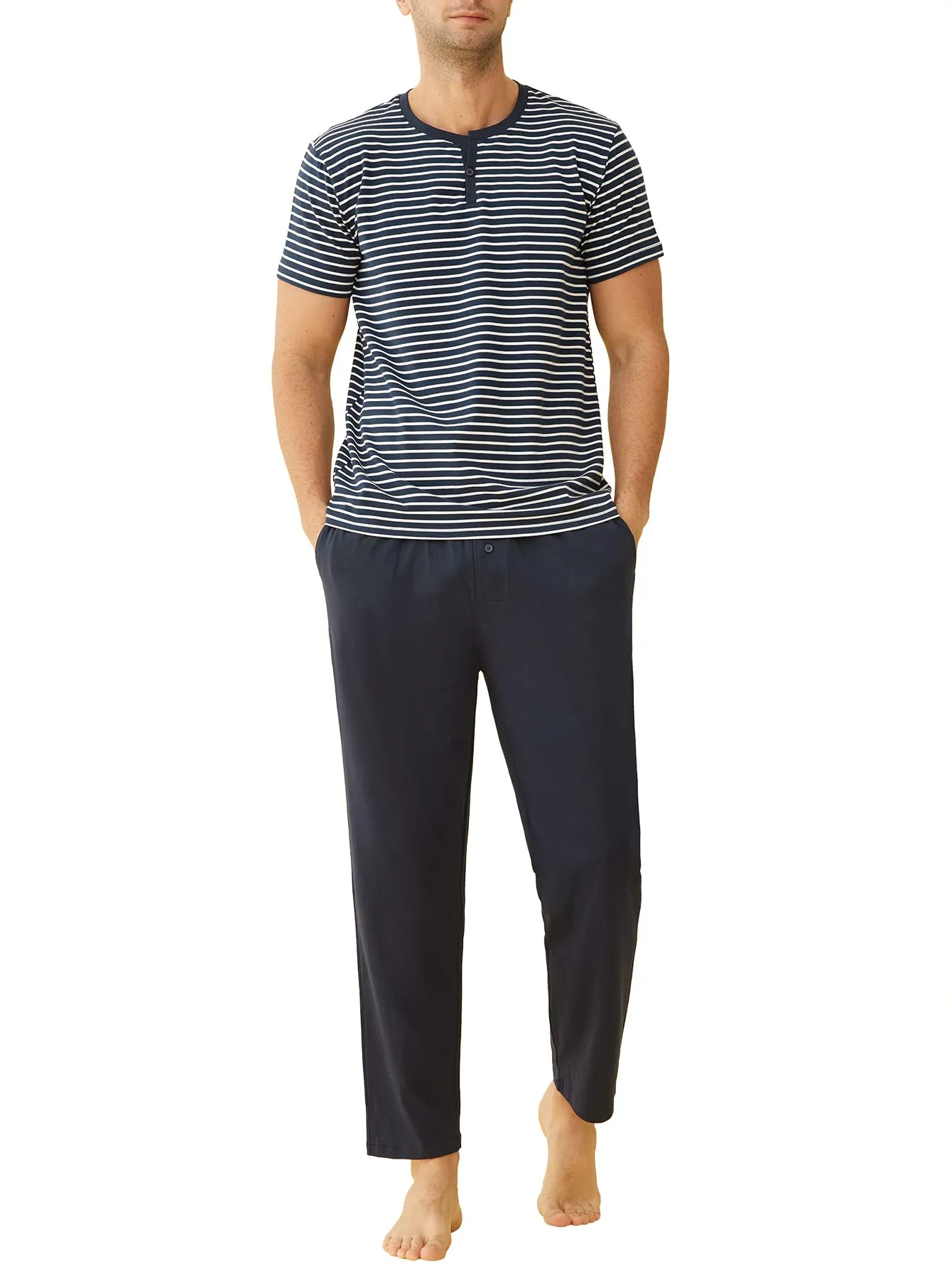 Men's Cotton Pajamas Set Striped Top Sleep Pants with Pockets