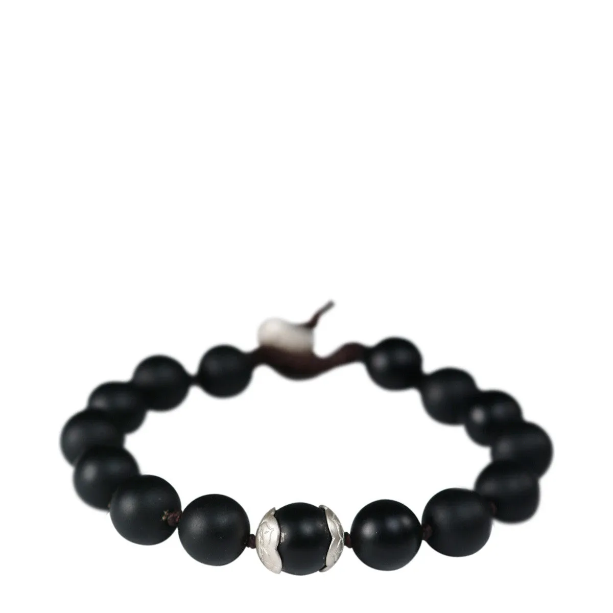 Men's Sterling Silver Large Onyx Bead Bracelet on Cord