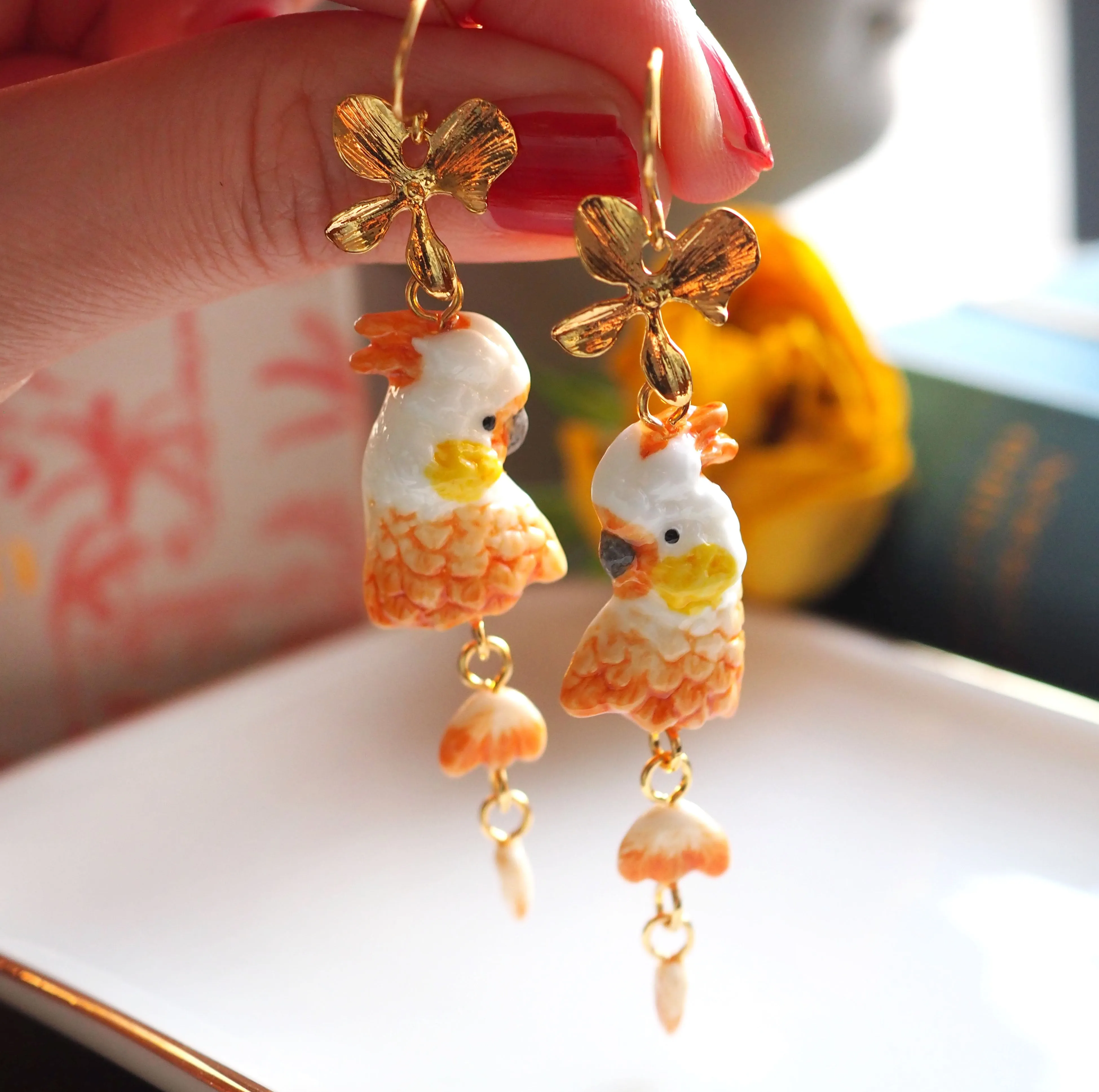 NB - J506 FLOWERS AND COCKATOO EARRINGS - 10TH ANNIVERSARY
