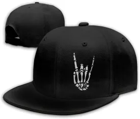 Negi Flat Bill Hats for Men Cool Rock Roll Skull Hat Skeleton Hand Mens Snapback Hat Baseball Cap Black Snapback Hats for Boy Women Adjustable Flatbill Flat Brim