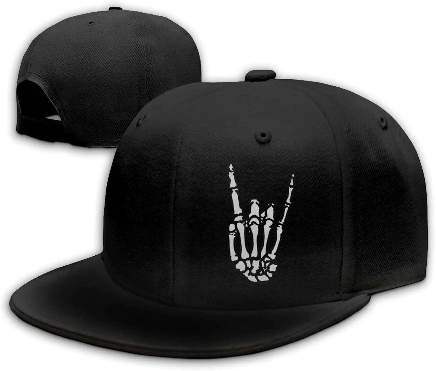 Negi Flat Bill Hats for Men Cool Rock Roll Skull Hat Skeleton Hand Mens Snapback Hat Baseball Cap Black Snapback Hats for Boy Women Adjustable Flatbill Flat Brim