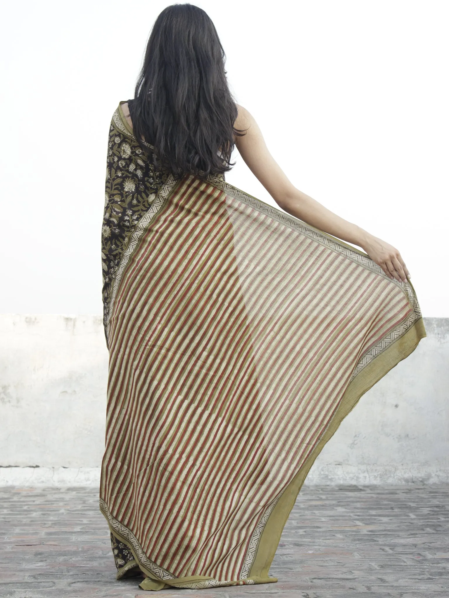 Olive Green Rust Black Ivory Hand Block Printed Cotton Saree In Natural Colors - S031702310