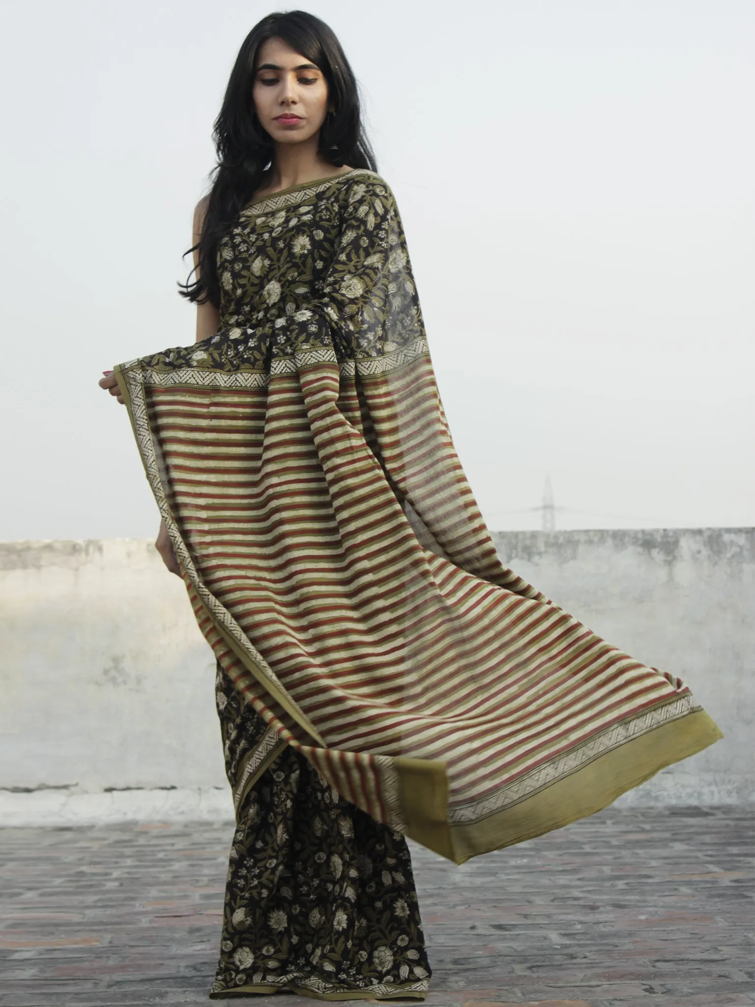 Olive Green Rust Black Ivory Hand Block Printed Cotton Saree In Natural Colors - S031702310