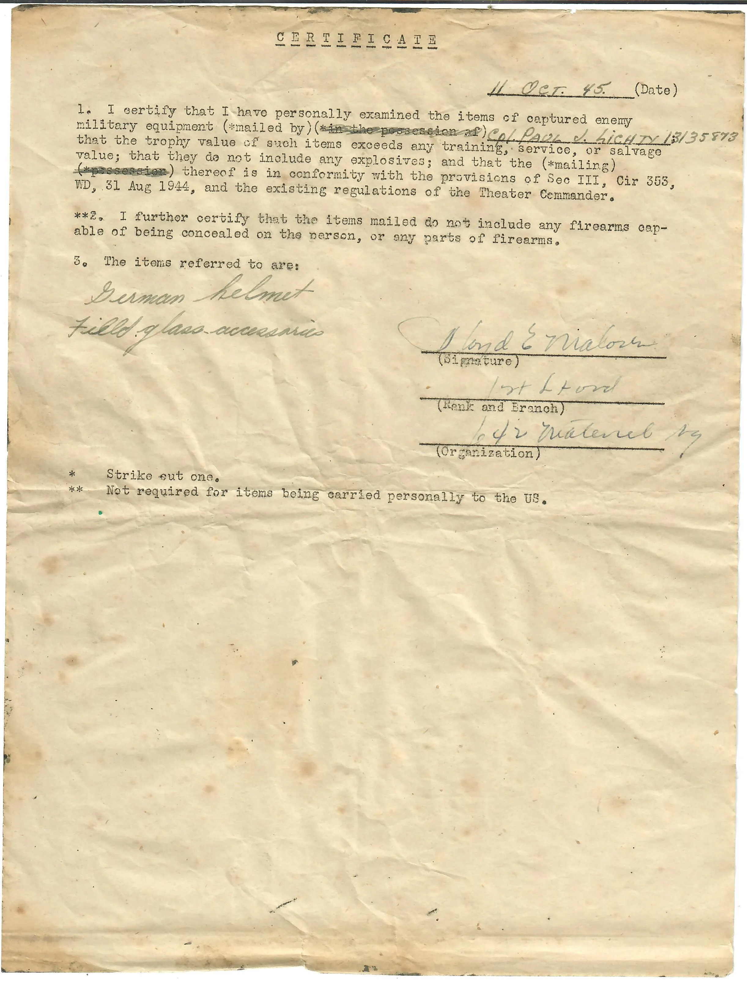 Original German WWII M40 Single Decal Luftwaffe Helmet with USGI Bring Back Certificate & Damaged Liner - ET62