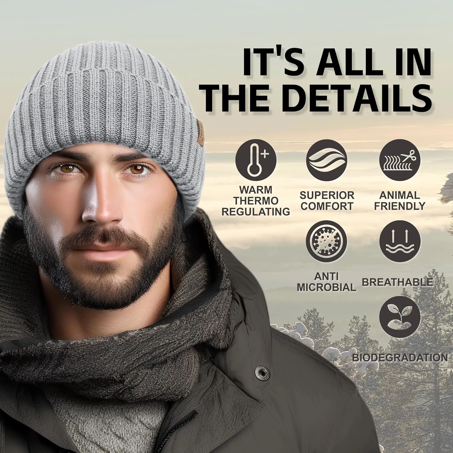 OUTDOOR SHAPING Merino Wool Beanie for Men & Women, Unisex Daily Cuffed Plain Knit Hat, Soft Warm Winter Hat