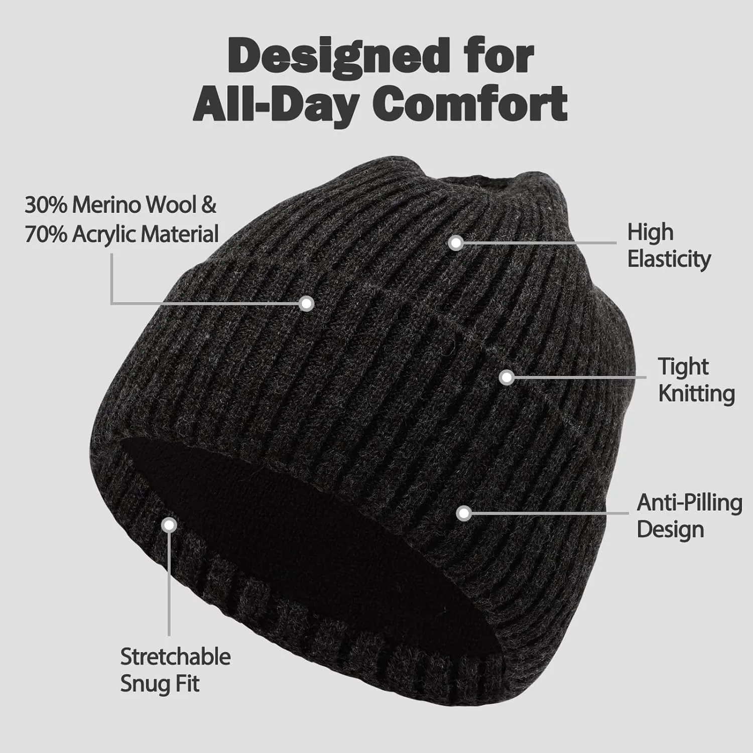 Oversize L/XL/XXL Beanie Hat for Big Heads - Unisex Merino Wool Cuff Beanie Winter Hat for Men and Women