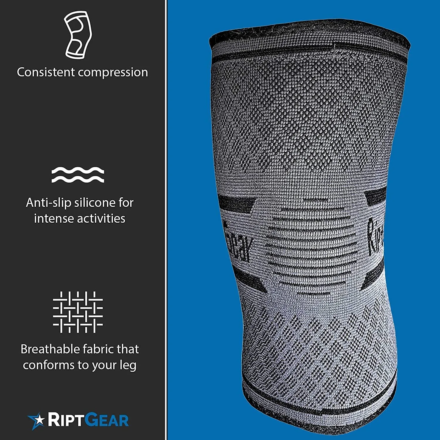 RiptGear Knee Compression Sleeve - 2 Pack - Braces for Knee Pain - Compression for Arthritis, Meniscus Tear, Running - Support for Women and Men - Sleeves Weightlifting (X-Large, Gray (2 Pack))