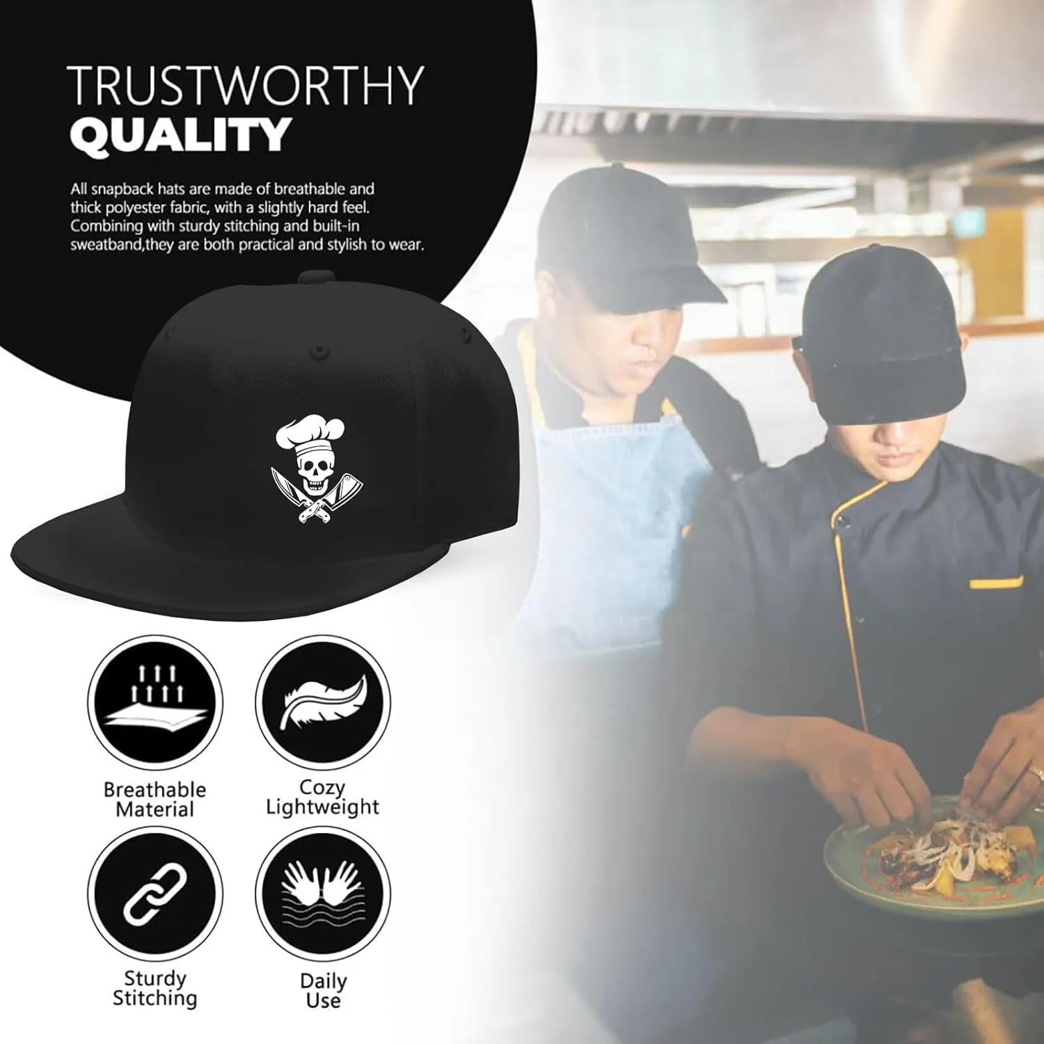 Skull Flat Bill Hats for Men Snapback Hats Adjustable Fitted Flat Brim Black Baseball caps for Men Cool Hip Hop Cap