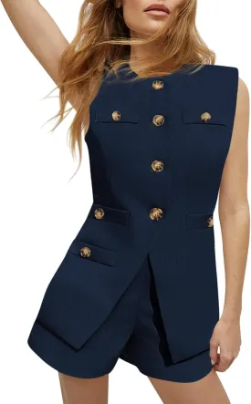 Tankaneo Womens 2 Piece Outfits Casual Suit Sets Sleeveless Button Down Blazer Vest Shorts Office Business Matching Set