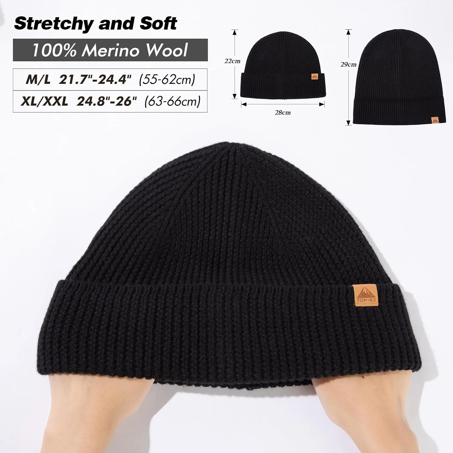 TOP-EX XL/XXL 100% Merino Wool Cuffed Beanie Hat for Men & Women, Warm Knitted Winter Hats 55-66CM