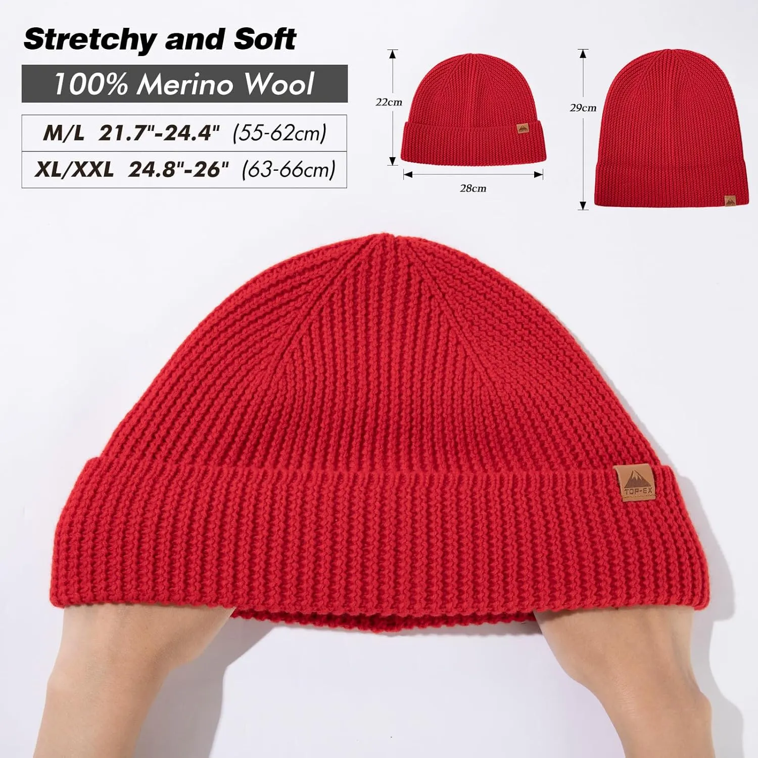 TOP-EX XL/XXL 100% Merino Wool Cuffed Beanie Hat for Men & Women, Warm Knitted Winter Hats 55-66CM