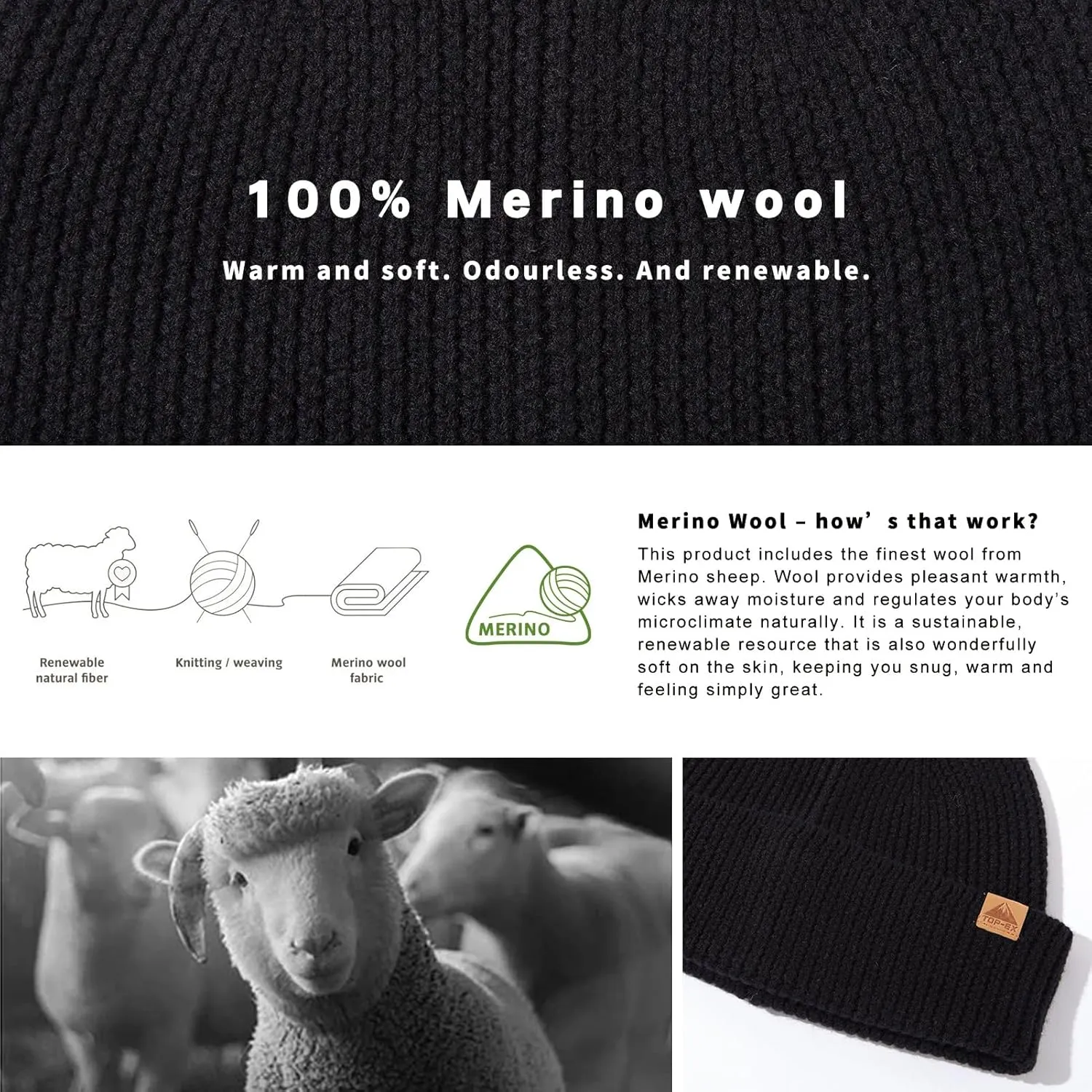 TOP-EX XL/XXL 100% Merino Wool Cuffed Beanie Hat for Men & Women, Warm Knitted Winter Hats 55-66CM
