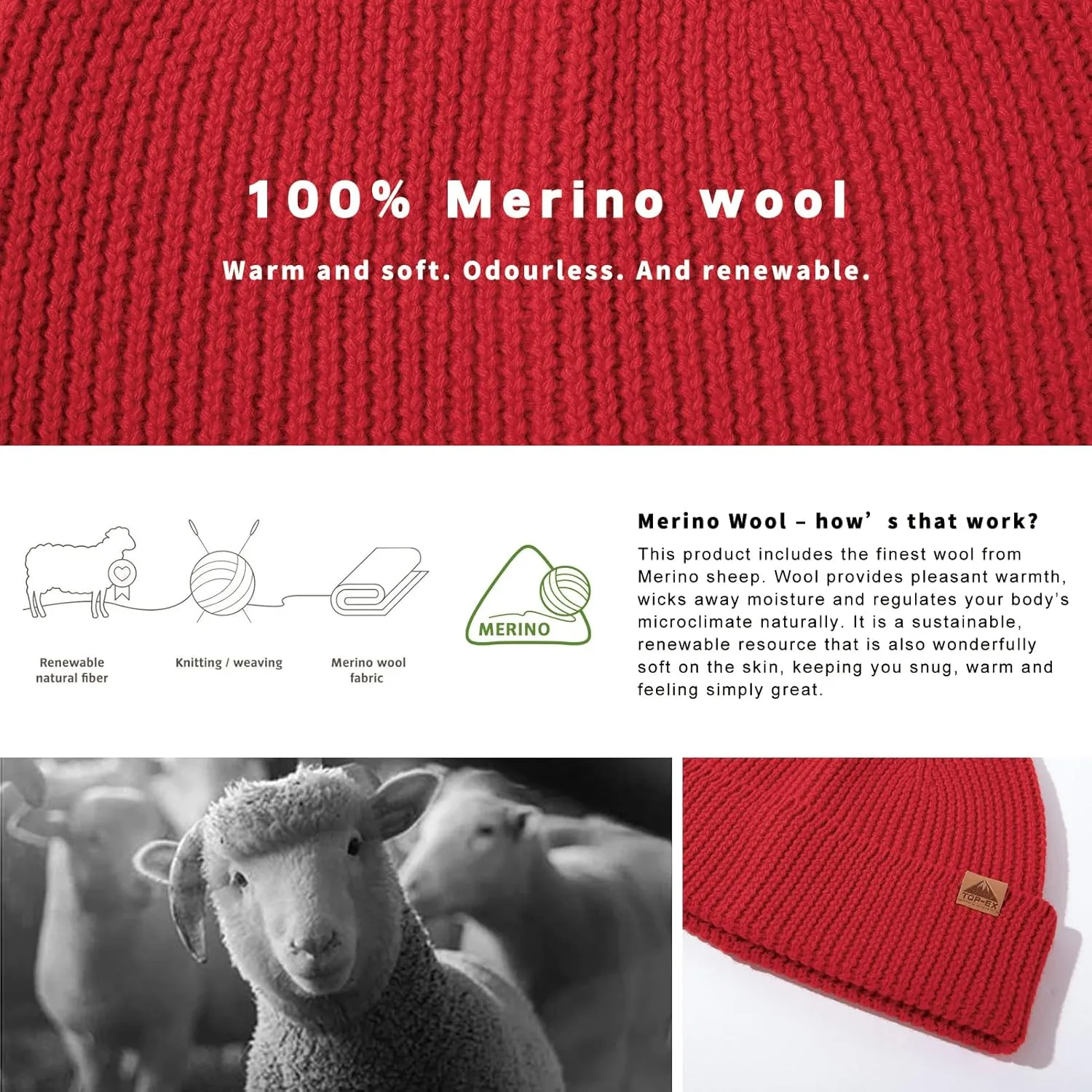TOP-EX XL/XXL 100% Merino Wool Cuffed Beanie Hat for Men & Women, Warm Knitted Winter Hats 55-66CM