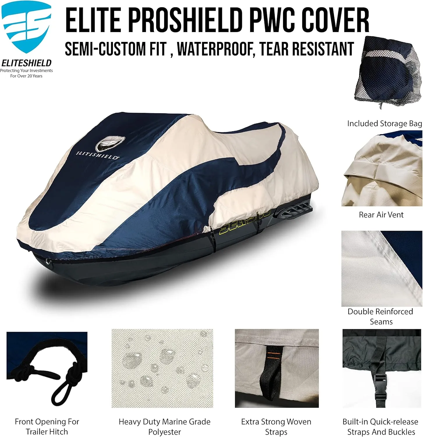 Trailerable Jet Ski Cover, Heavy Duty Waterproof Marine Grade 600D Solution-Dyed Polyester PWC Cover, Fits from 126" to 135" 3 Seater, Two Tone Navy/Gray Color
