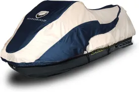 Trailerable Jet Ski Cover, Heavy Duty Waterproof Marine Grade 600D Solution-Dyed Polyester PWC Cover, Fits from 126" to 135" 3 Seater, Two Tone Navy/Gray Color