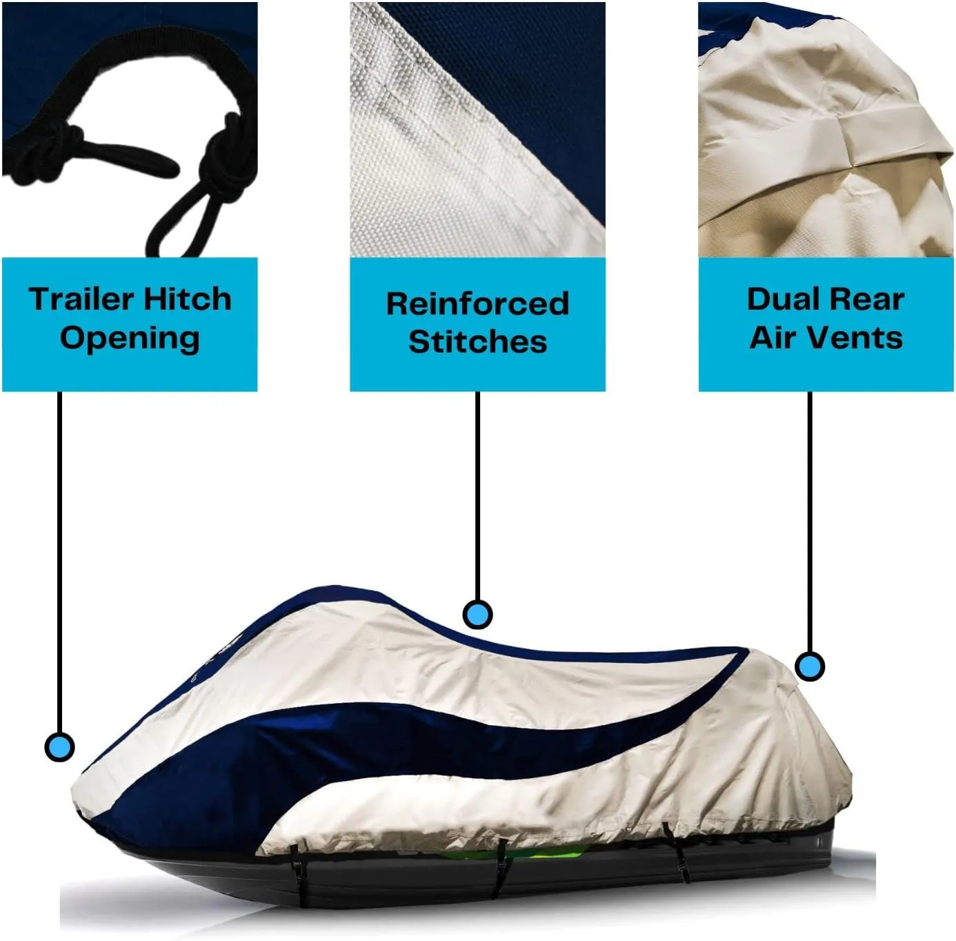 Trailerable Jet Ski Cover, Heavy Duty Waterproof Marine Grade 600D Solution-Dyed Polyester PWC Cover, Fits from 126" to 135" 3 Seater, Two Tone Navy/Gray Color