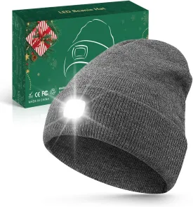 Unisex Beanie with Light, USB Rechargeable LED Headlamp Hat, Christmas Stocking Stuffers Gifts Warm Knitted Cap for Men Women Dad Mom Gray