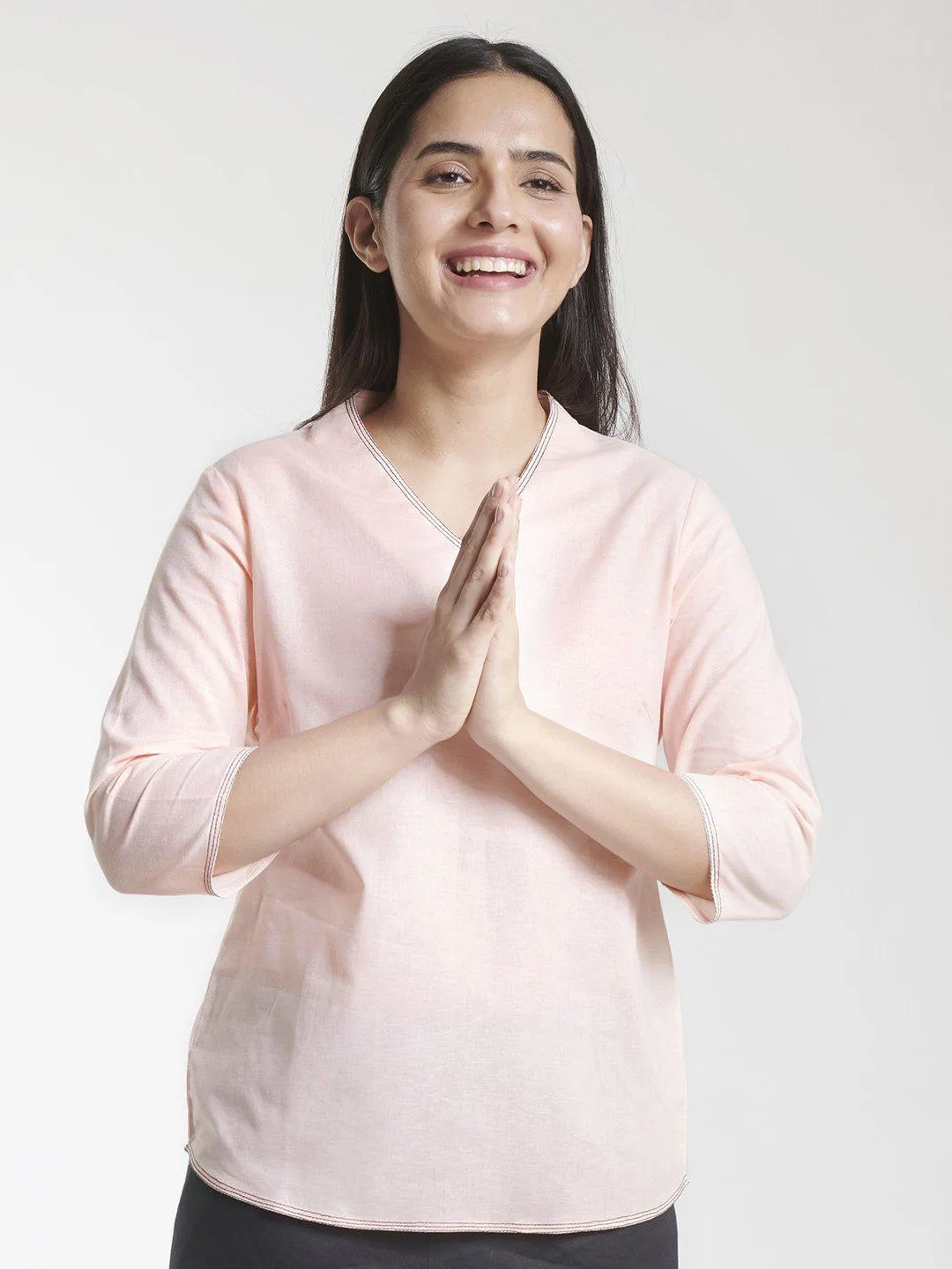 V Neck Cotton Linen Top - Peach