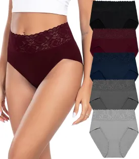 Wealurre Womens Underwear Cotton Bikini Panties for Women High Waisted Lace Hipster Stretch Briefs for Ladies 5 Pack